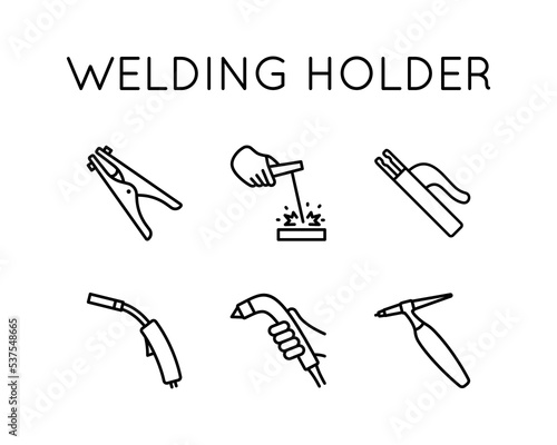 Welding holder icons set. Electrode, Arm, Argon, Mass Are Presented, tig, mig.