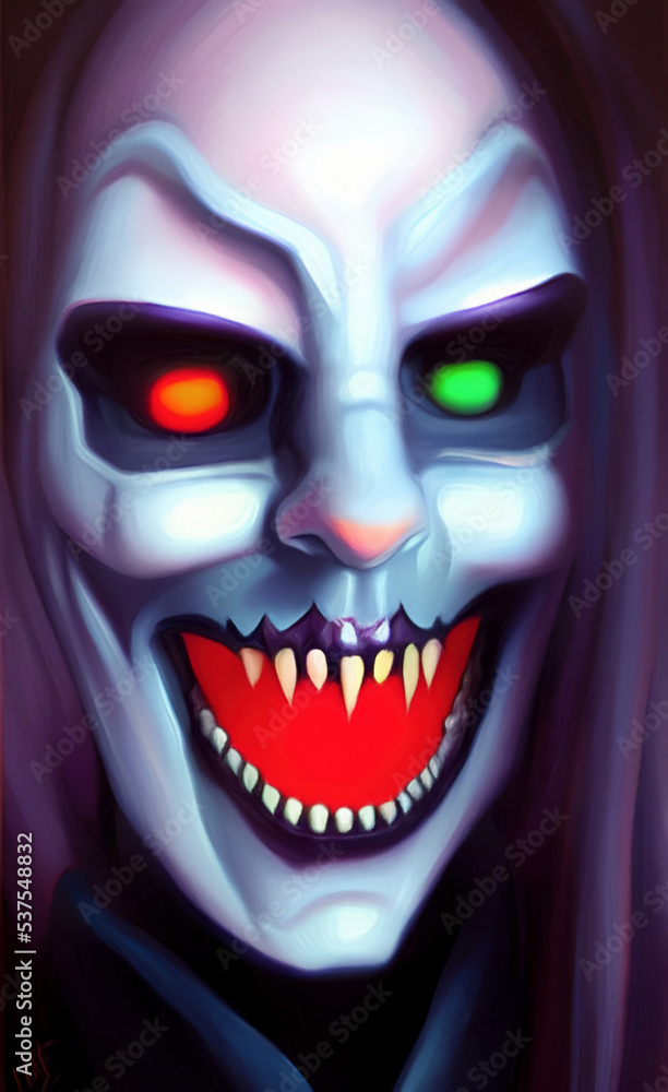 Fototapeta premium Scary horror monster portrait digital painting. Illustration of evil demonic face, vampire, undead, witch. Halloween.