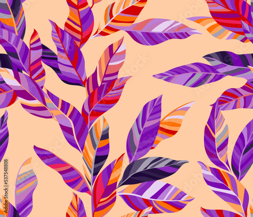 Striped leaves tree branches vector seamless pattern summer fasion textile pr...