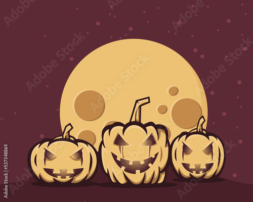 Halloween in the night with scare pumpkins. Trick or tread background template vector