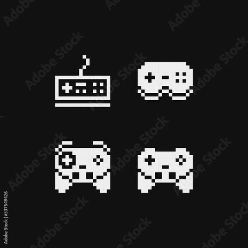 Gamepad icons set, emoji. Retro 80s pixel art. Flat style. Old school computer graphic design. 1-bit sprite. Game assets. Isolated vector illustration.