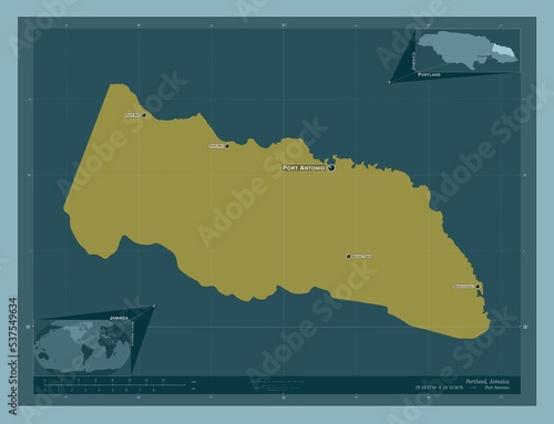 Portland, Jamaica. Solid. Labelled points of cities photo