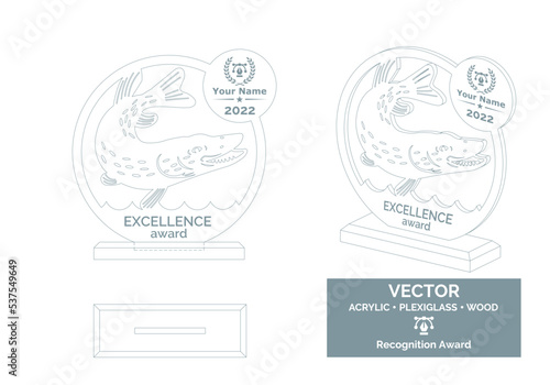 Fishing competition trophy vector template, Fishing tournament award trophy template, Fisherman recognition award.