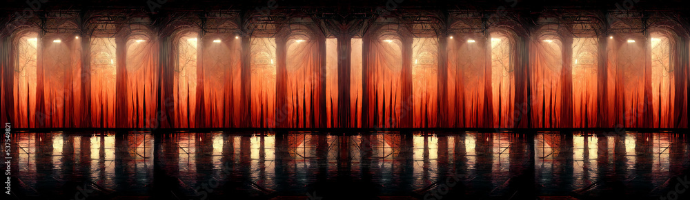 Fototapeta premium Corridor of an old fantasy palace with large windows, curtains against the sunset. Partially generated by a neural network, no reference image.