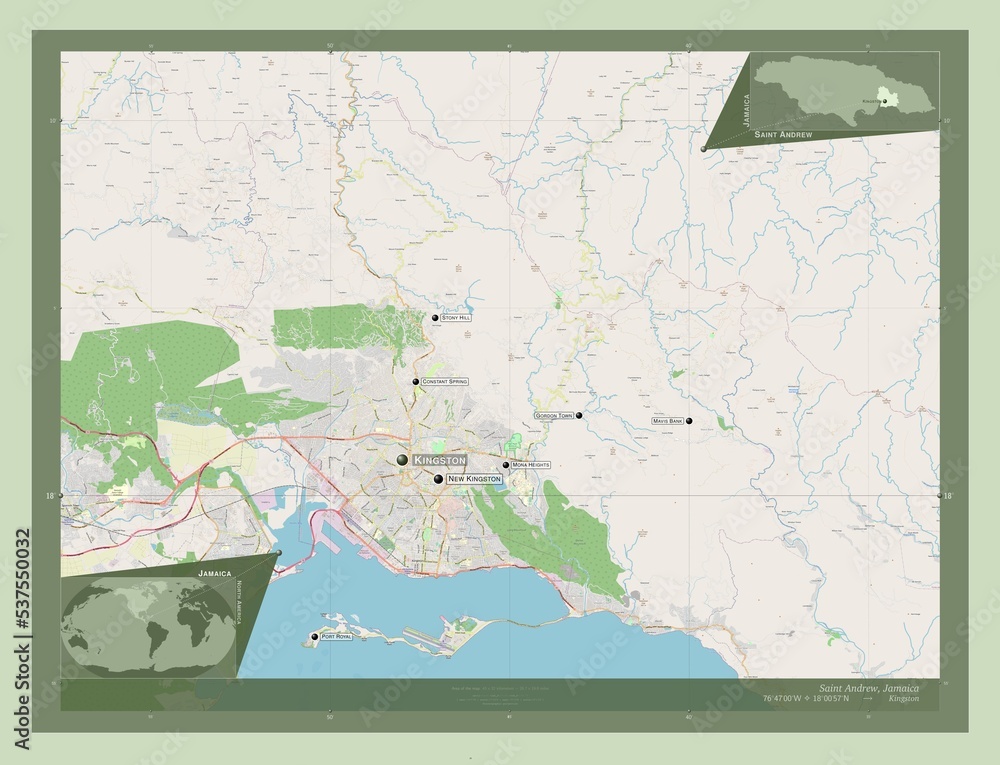 Fototapeta premium Saint Andrew, Jamaica. OSM. Labelled points of cities