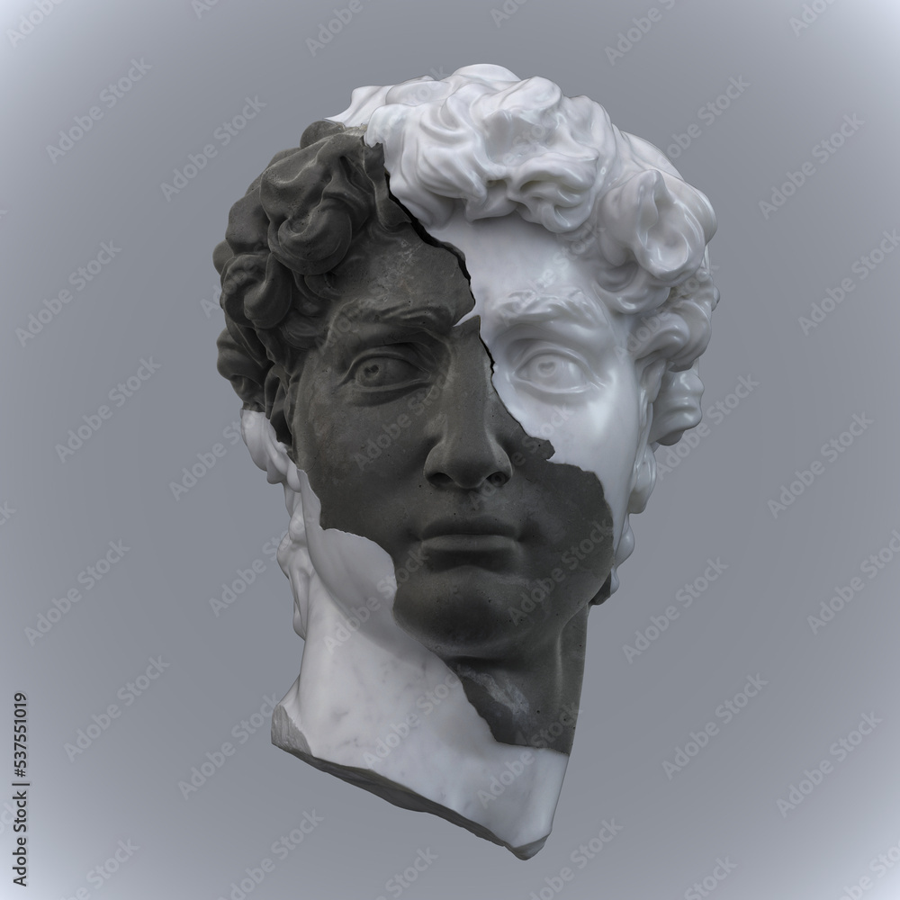 Abstract illustration from 3D rendering of a black and white marble head of male classical sculpture broken in three pieces and isolated on gray background.