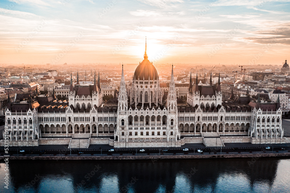 Aerial Drone Photo - Sunrise over the Hungarian Parliament Building.  Budapest.