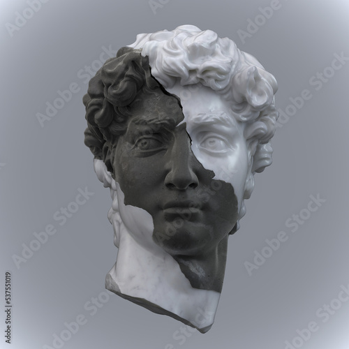 Abstract illustration from 3D rendering of a black and white marble head of male classical sculpture broken in three pieces and isolated on gray background. © Rrose Selavy
