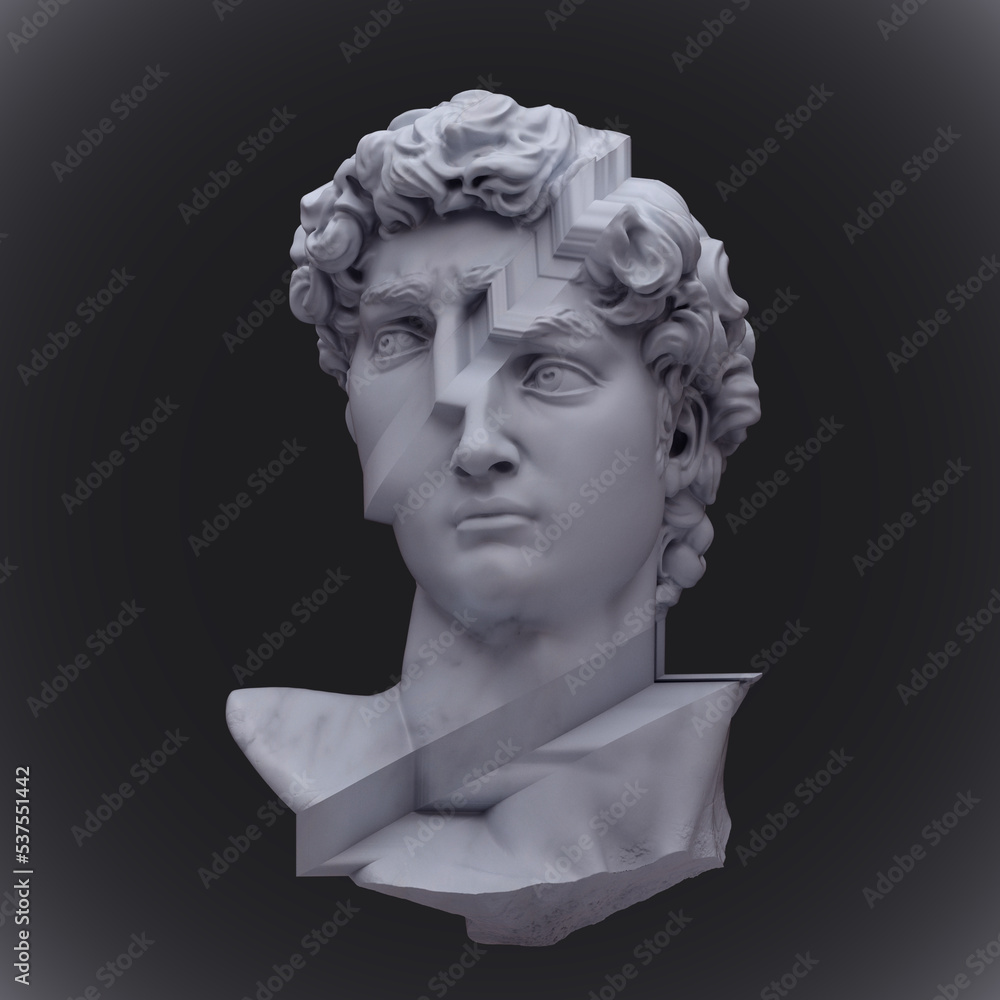 Abstract illustration from 3D rendering of glitch pixel stretch deformed classical head sculpture isolated on dark background. Abstract illustration from 3D rendering of glitch pixel stretch deformed classical head sculpture isolated on dark background.