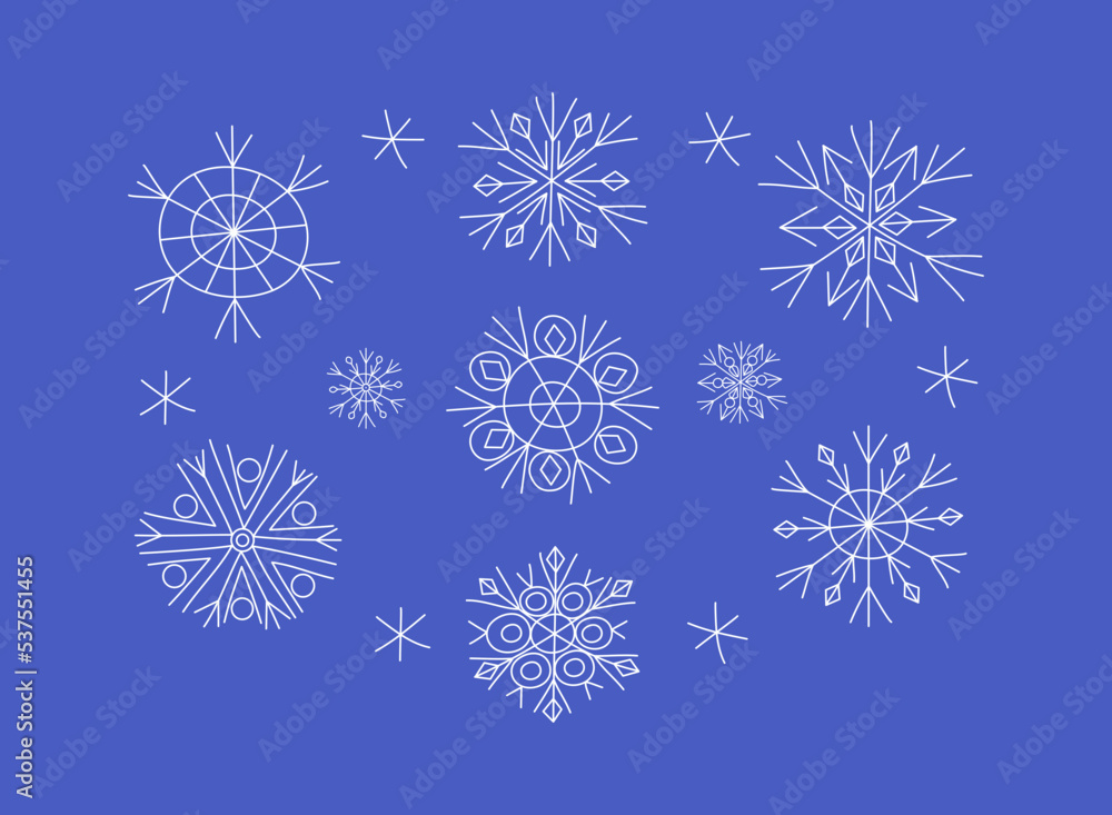 Set of doodle snowflakes. New Year's Christmas decor. Winter vector illustration, white isolated background.