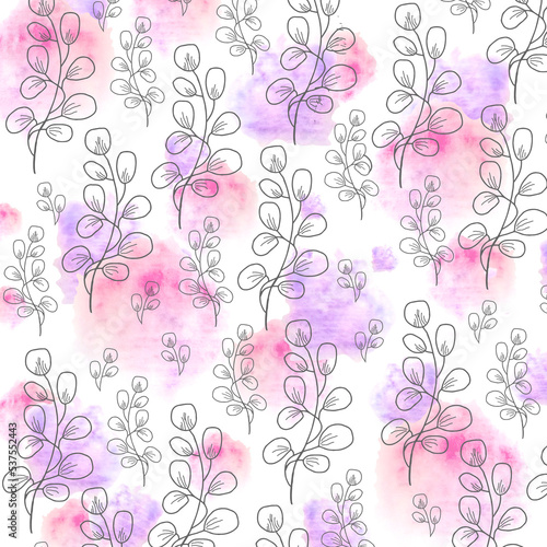 Seamless floral pattern watercolor in beautiful style on white background. Drawing black and white flowers and leaves with watercolor spots of purple and magenta. Hand-drawn drawing.