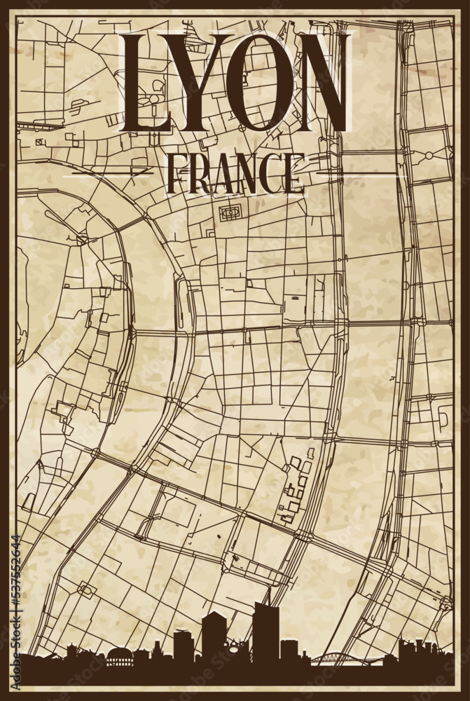 Obraz premium Brown vintage hand-drawn printout streets network map of the downtown LYON, FRANCE with brown 3D city skyline and lettering