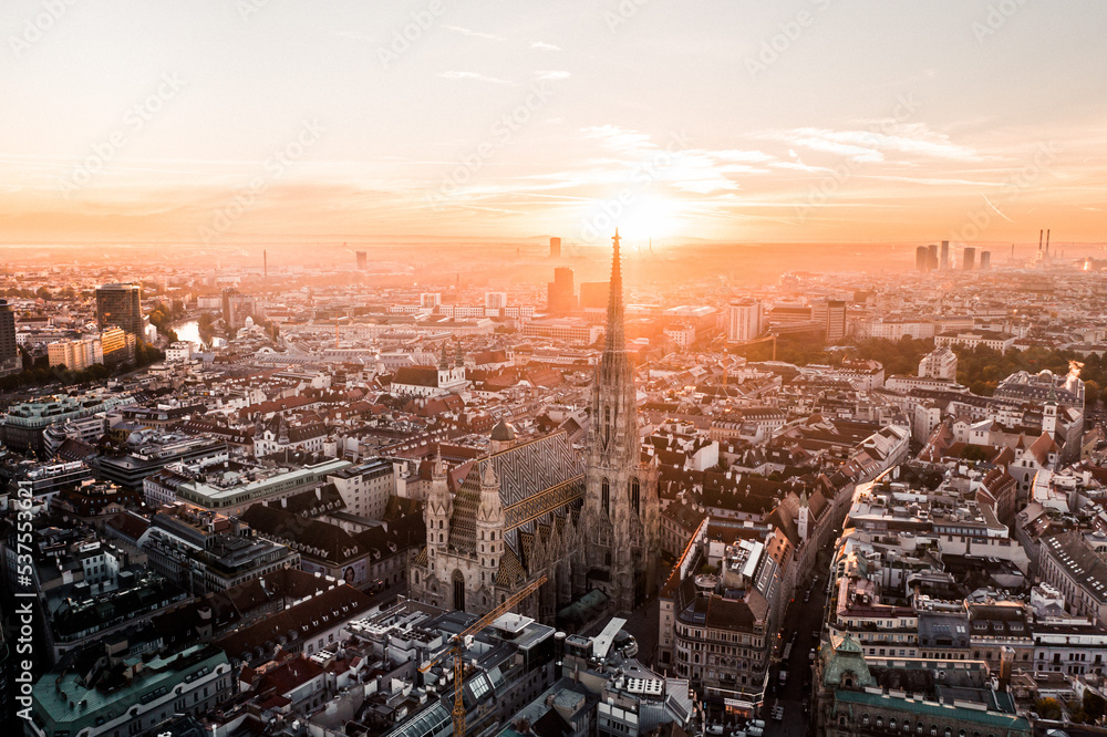 Aerial Drone Photo - Sunrise over St. Stephens Cathedral.  Vienna, Austria