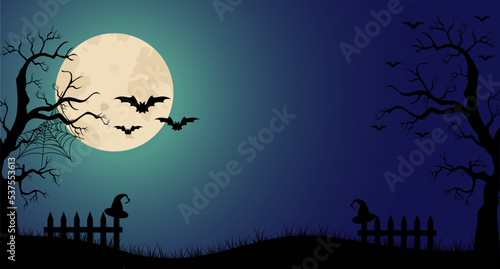 Halloween background. The full moon and bats on a violet background. Night sky.Halloween design. Vector illustration