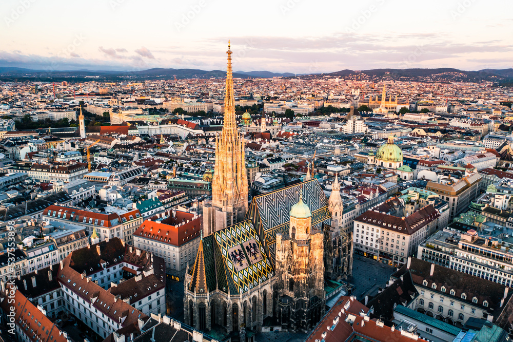 Aerial Drone Photo - Sunrise over St. Stephens Cathedral.  Vienna, Austria