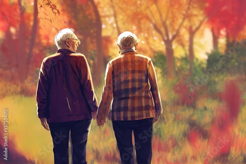 Middle age, mature, old couple walking in the autumn forest Elderly husband and wife character portrait, digital modern poster detailed image. Watercolor or acrylic style. 3D illustration