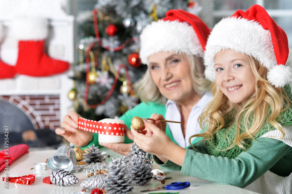 Elderly woman and granddaughter are preparing for the new year Elderly woman and granddaughter are preparing for the new year