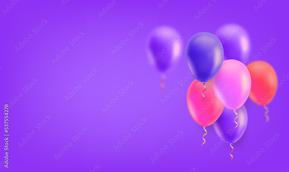 Color air balloons on violet background. 3d vector banner with copy space
