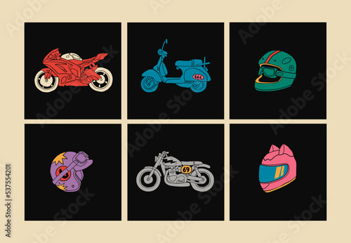 Classic Motorcycle, sport bike, scooter and helmets. Two-wheeled vehicles. Personal transport. Hand drawn colorful modern Vector isolated illustrations. Logo, icon, poster, print templates