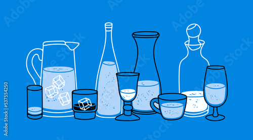 Different liquids in Various containers. Beverage in the bottle, glass, jug, cup and mug. Blue and white colors. Hand drawn modern Vector illustration. Bar, restaurant menu design template