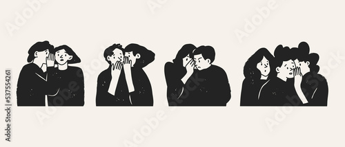 Set of various people whispering secrets into ears. Talking something to other person, gossip, rumor, secret concept. Hand drawn Vector illustration. Cartoon style. Cute isolated characters