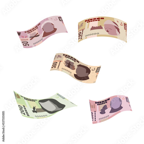Mexican peso Vector Illustration. Mexico money set bundle banknotes. Falling, flying money 50, 100, 200, 500, 1000 MXN. Flat style. Isolated on white background. Simple minimal design.