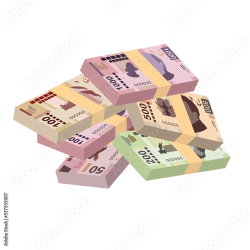 Mexican peso Vector Illustration. Mexico money set bundle banknotes. Paper money 50, 100, 200, 500, 1000 MXN. Flat style. Isolated on white background. Simple minimal design.