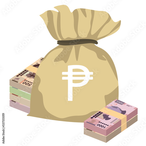 Mexican peso Vector Illustration. Mexico money set bundle banknotes. Money bag 50, 100, 200, 500, 1000 MXN. Flat style. Isolated on white background. Simple minimal design.