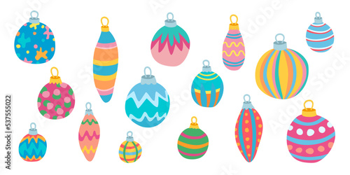 Christmas tree balls. Christmas tree glass balls set. New Year holiday decoration. Winter holidays collection. Holiday colorful ornament.