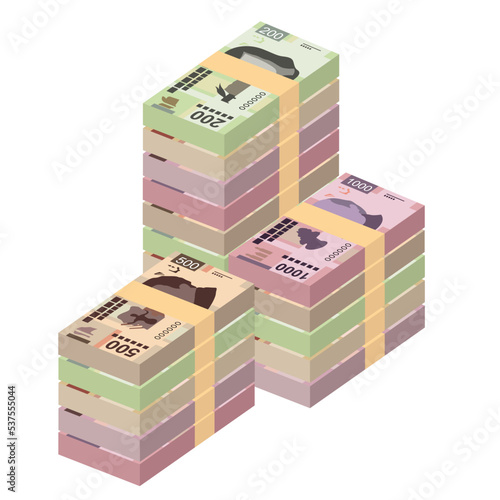 Mexican peso Vector Illustration. Mexico money set bundle banknotes. Paper money 50, 100, 200, 500, 1000 MXN. Flat style. Isolated on white background. Simple minimal design.