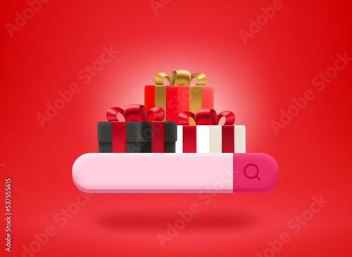 Searching for holiday presents. Gift boxes with searching tab. 3d vector illustration