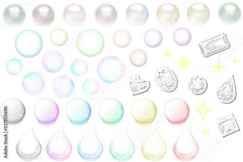 カラフルな半透明のアイコンセット（丸、真珠、雫、シャボン玉、宝石、キラキラ）