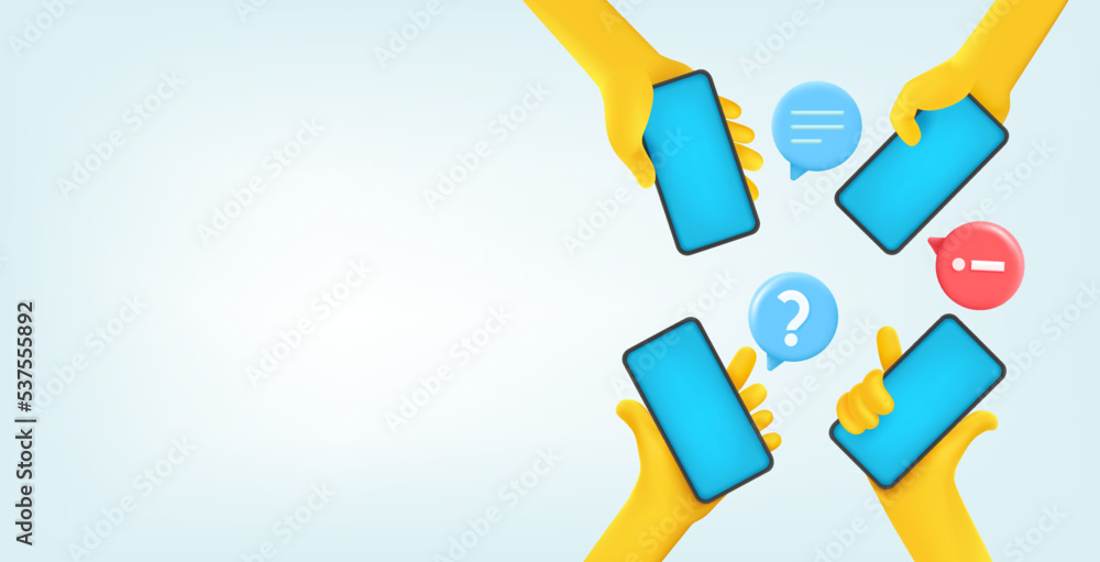 Group of people communicating with smartphones. Comic 3d style vector banner with copy space Group of people communicating with smartphones. Comic 3d style vector banner with copy space