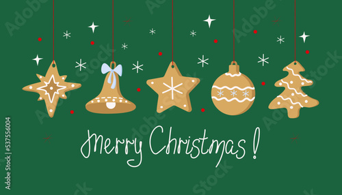Christmas gingerbread  house, tree, stars and Christmas figurines. Traditional cookies, holiday dessert. Winter holiday vector illustration with isolated background.