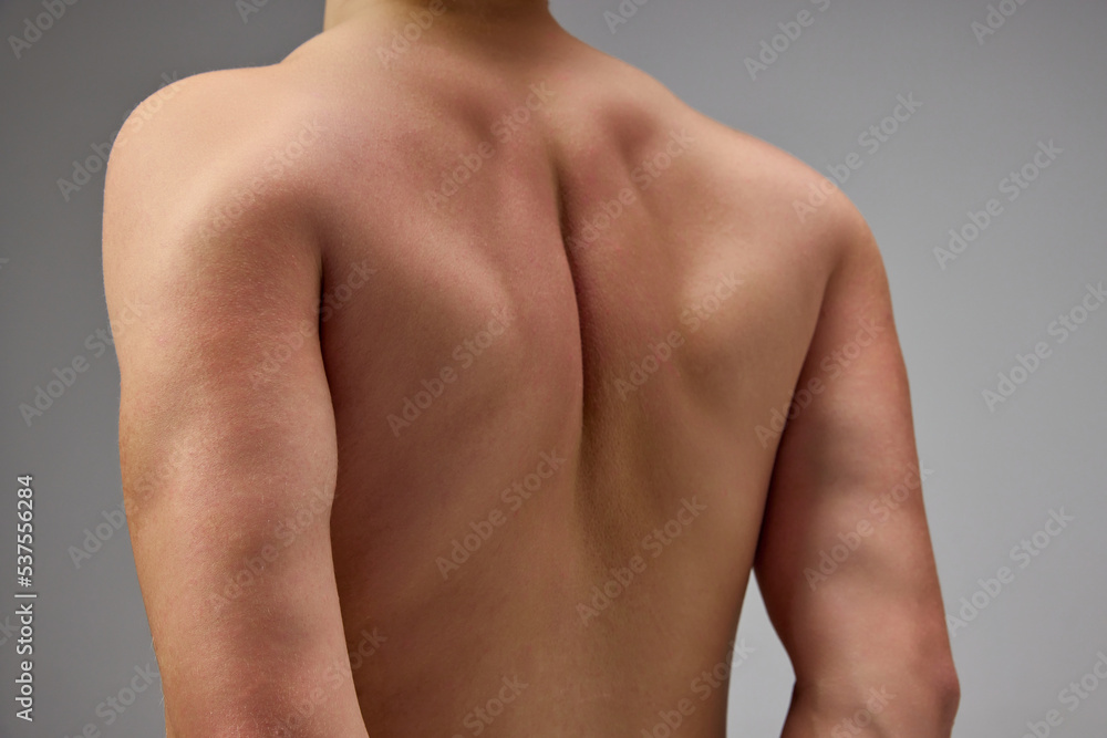 Cropped image of male muscular back. Model posing shirtless isolated over grey studio background. Pains in back, spine. Cropped image of male muscular back. Model posing shirtless isolated over grey studio background. Pains in back, spine.
