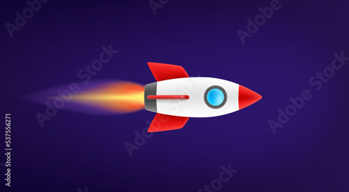 Flying space ship in space. Startup business concept. 3d vector illustration