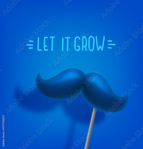 Blue moustache on a stick. Let it grow concept. 3D vector illustration