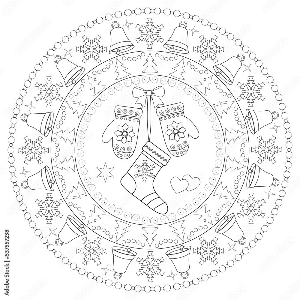 Black and white christmas mittens, sock, bells, balls, stars. Mandala style. Coloring book page, vector illustration. Black and white christmas mittens, sock, bells, balls, stars. Mandala style. Coloring book page, vector illustration.