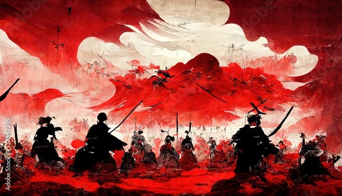 Anime style, Japanese samurai army fighting with enemy, large scene, battlefield, in Japanese black outline style and colors photo