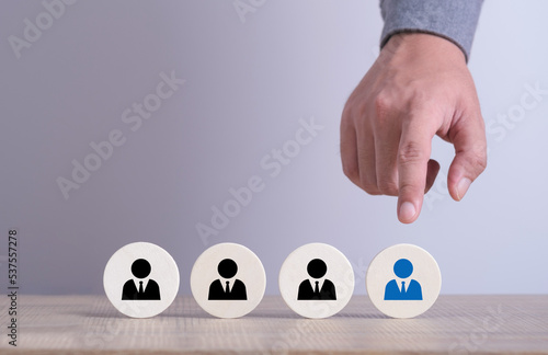 Hand finger point at employee icon. Human Resource Management and Recruitment and Hiring concept. choose employee leader. Find the best team and the right people.