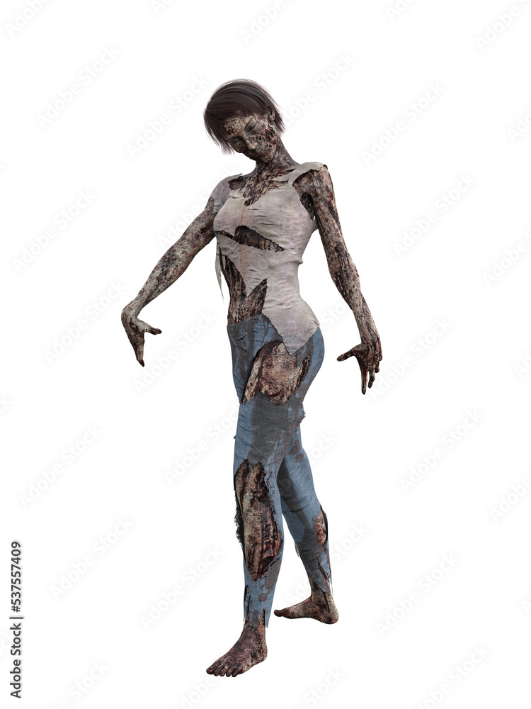 Horror fantasy zombie woman in torn clothes covered in blood. 3D rendering isolated. Horror fantasy zombie woman in torn clothes covered in blood. 3D rendering isolated.
