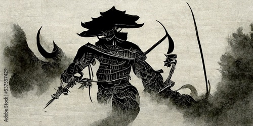 Canvas Print Japanese samurai illustration in japanese ink art, samurai fighting with demons