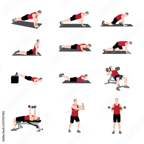 Workout Men set. Men doing fitness and yoga exercises. Lunges and squats, plank, push up, mountain climber, v-up, bird dog and crunches. Full body workout.