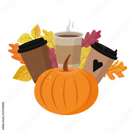 Orange pumpkin with coffee cups and autumn leaves in a flat style, isolated on a white background. Pumpkin latte, warm fall. For menus,stickers, coffee shops