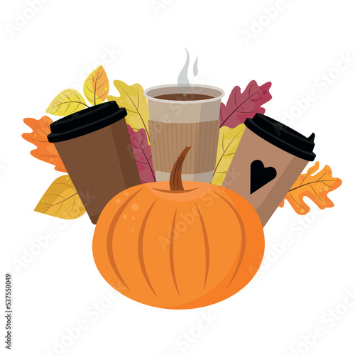 Orange pumpkin with coffee cups and autumn leaves in a flat style, isolated on a white background. Pumpkin latte, warm fall. For menus,stickers, coffee shops