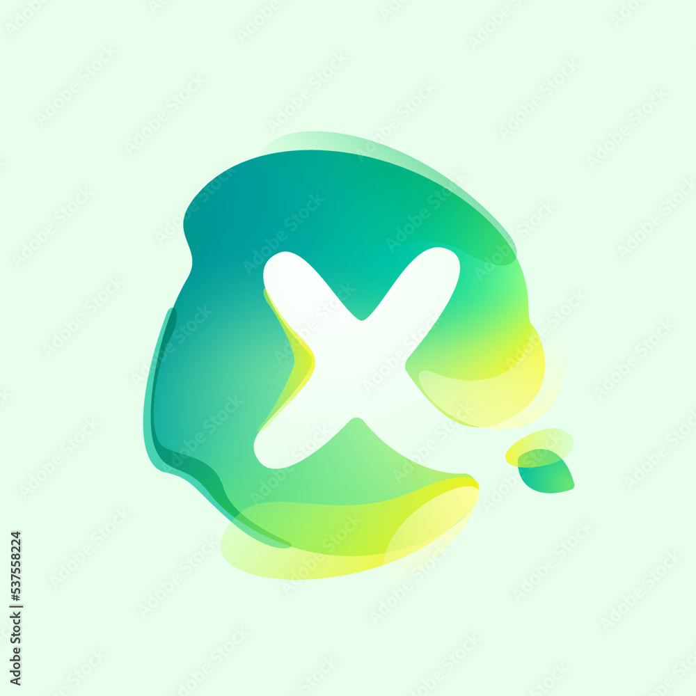Obraz premium X letter logo in eco gradient splash blot with green leaf. Negative space environment friendly icon. Illusion effect emblem.