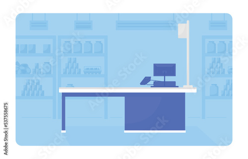 Pay desk at supermarket 2D vector isolated illustration. Grocery store flat interior on cartoon background. Cash desk arrangement colourful editable scene for mobile, website, presentation