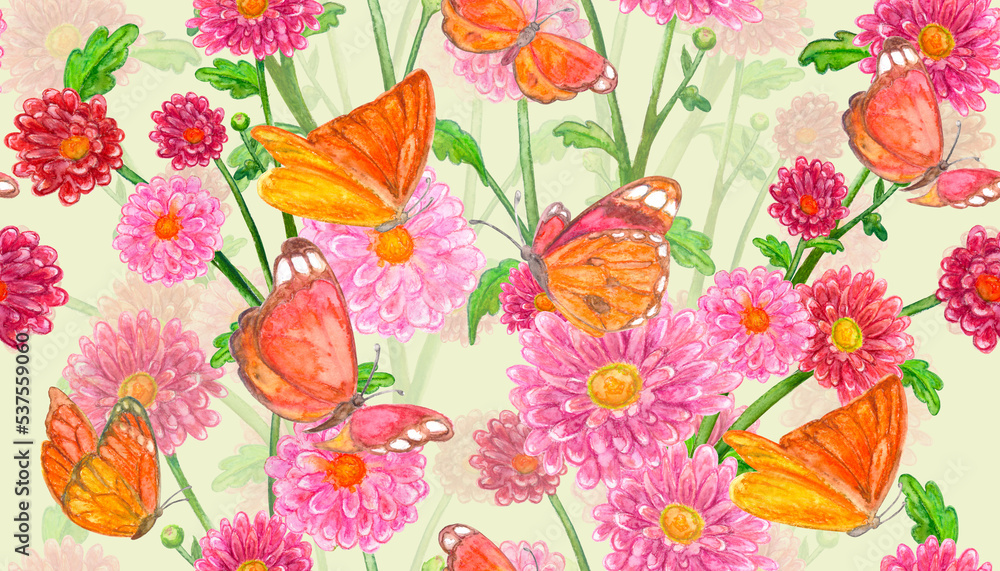 A seamless floral texture with lovely bouquets of rosy marguerites and flying butterflies around. A fancy flower pink ornament. A vintage oriental pattern with colorful blossoms. Watercolor painting.