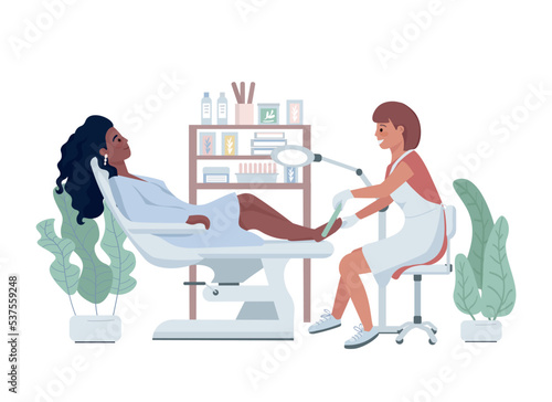 Pedicure procedure 2D vector isolated illustration. Beauty salon visitor flat characters on cartoon background. Feet treatment service colourful editable scene for mobile, website, presentation
