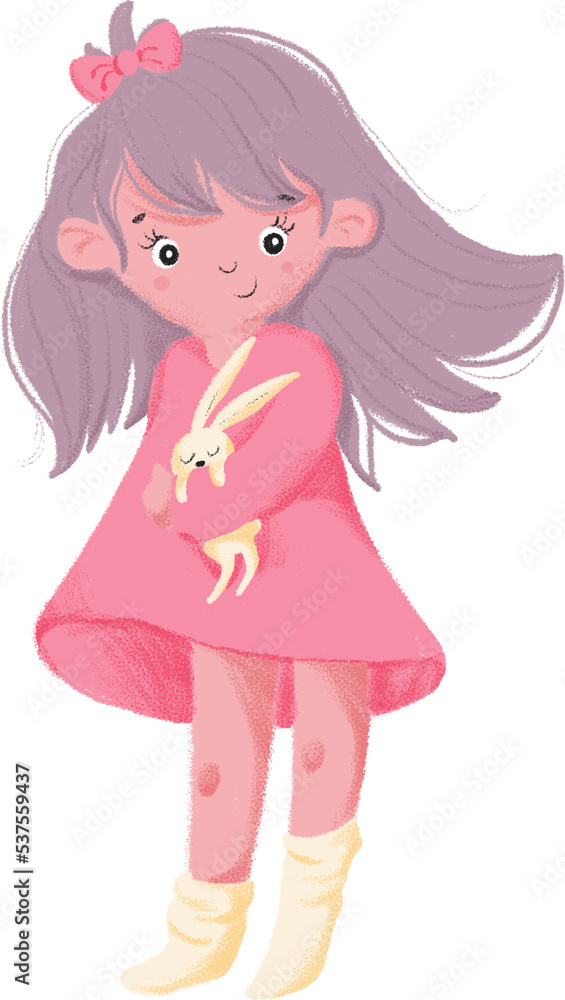 Fantasy hand drawn textured girl in pink pajamas and socks with yellow rabbit toy isolated on transparent background Fantasy hand drawn textured girl in pink pajamas and socks with yellow rabbit toy isolated on transparent background